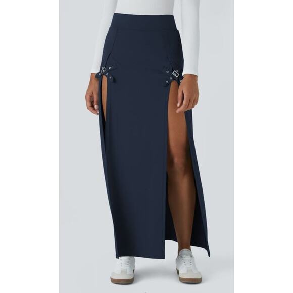 NWT Halara High Waisted Decorative Buckle Split 2-in-1 Maxi Casual Skirt Blue - Picture 1 of 6